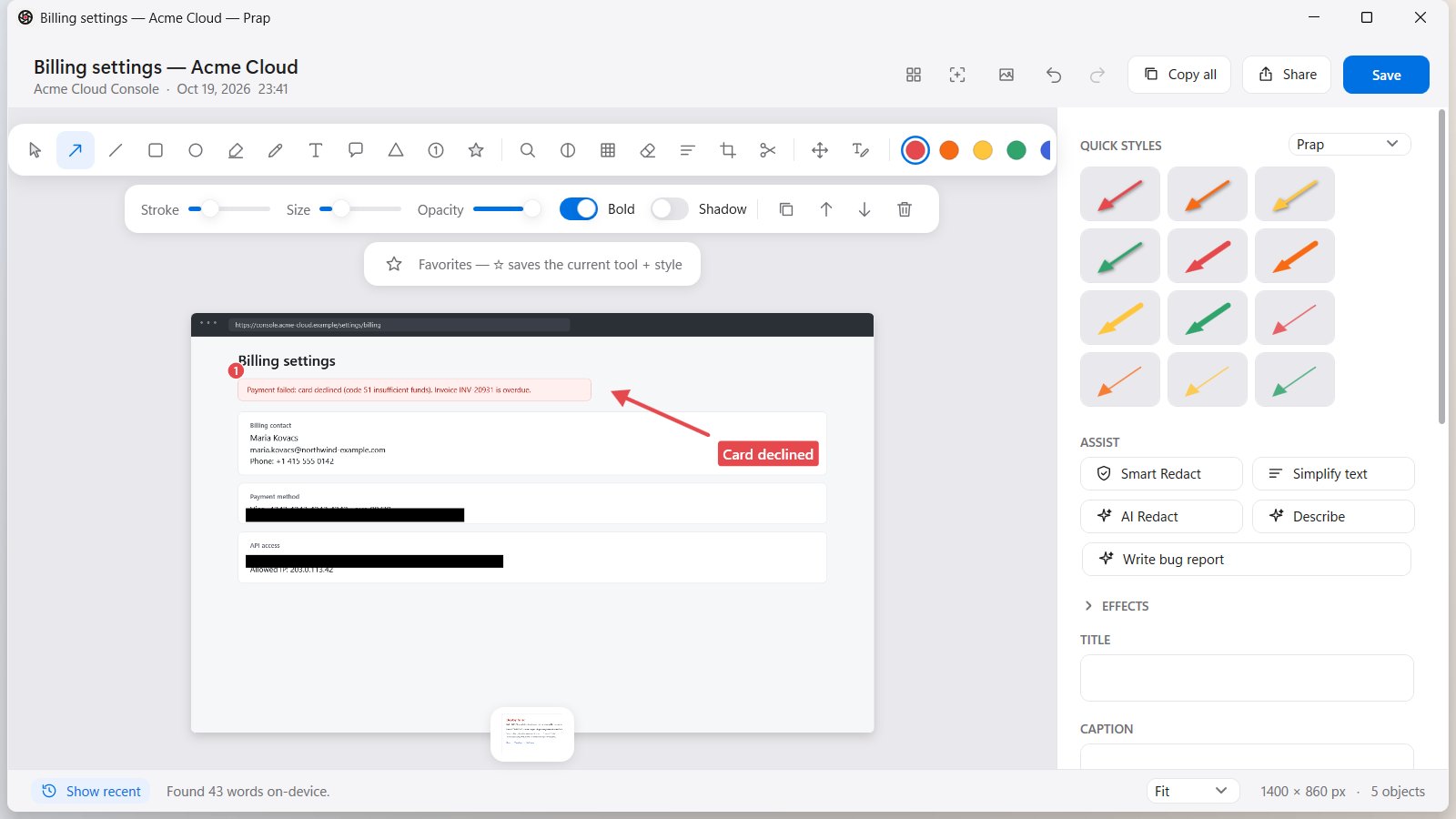 The editor: arrows, steps, blur and spotlight.